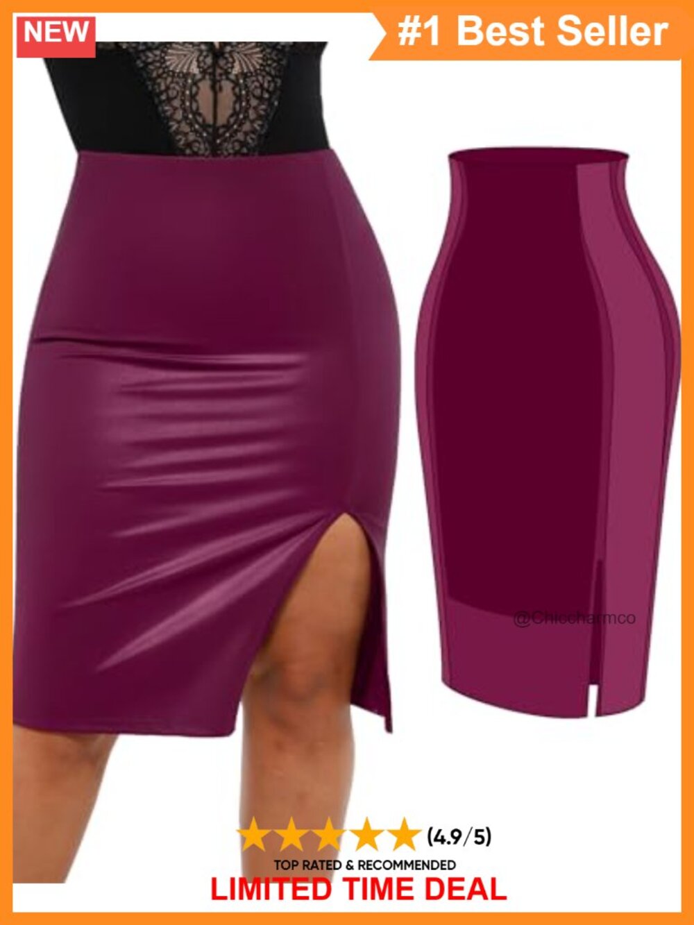 Faux Leather Midi Skirt with Built In Mesh Shapewear Tummy Control High Waist